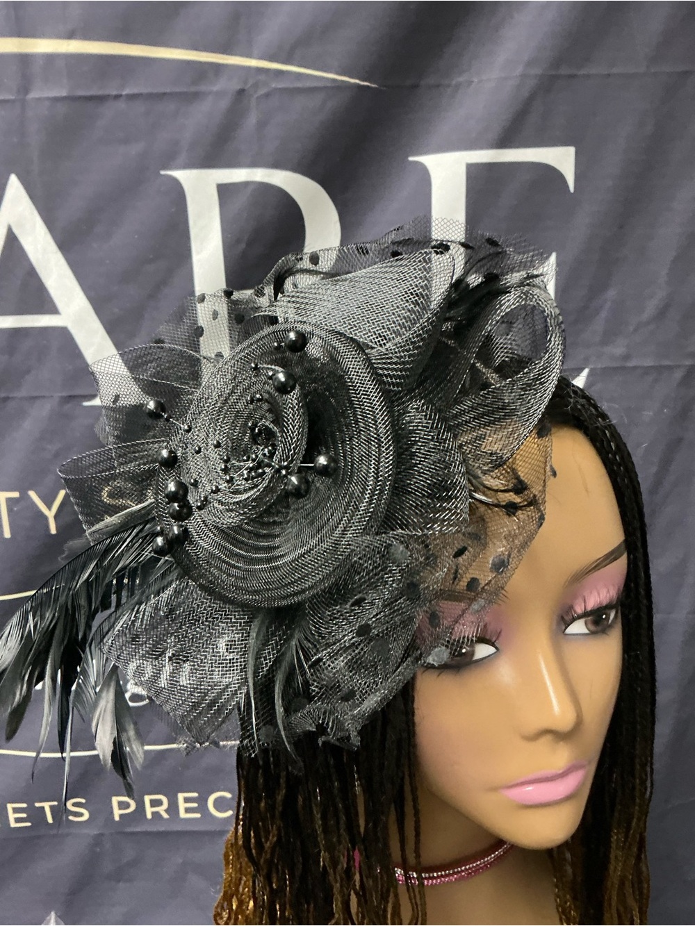 Black Floral Fascinator Headband - Elegant Women’s Hair Accessory - Picture 3 of 5